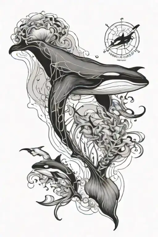 map of Jamaica with jellyfish and orca swimming tattoo design idea
