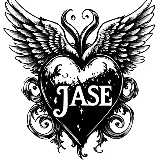 "JASE" "JASE" black heart with wings tattoo design idea