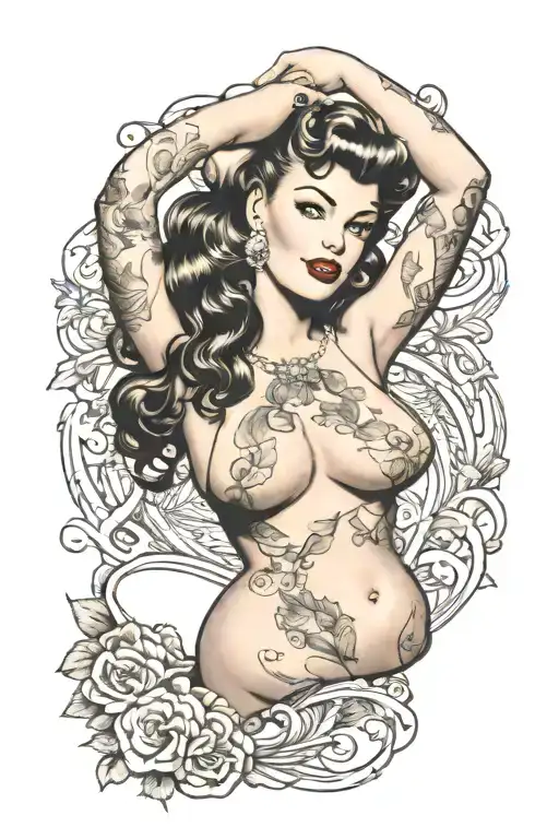sexy pin up girl, no clothes on, naked, voluptuous, beautiful, full, thick body. no deformities,  tattoo design idea