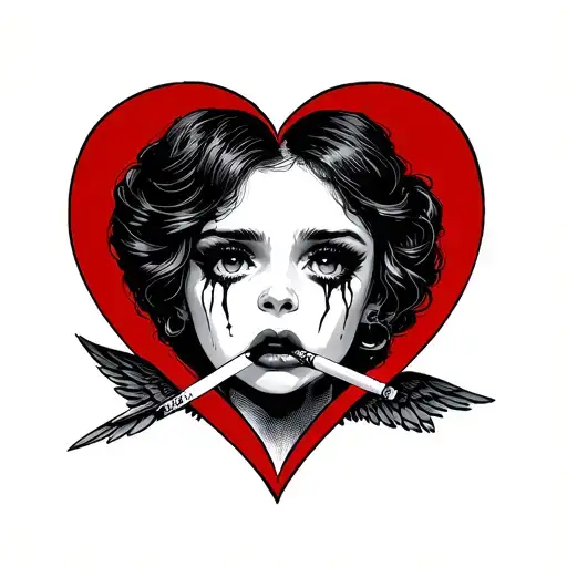 black and grey girl crying with cigarette in mouth inside heart shape with long thick winged eyeliner tattoo design idea