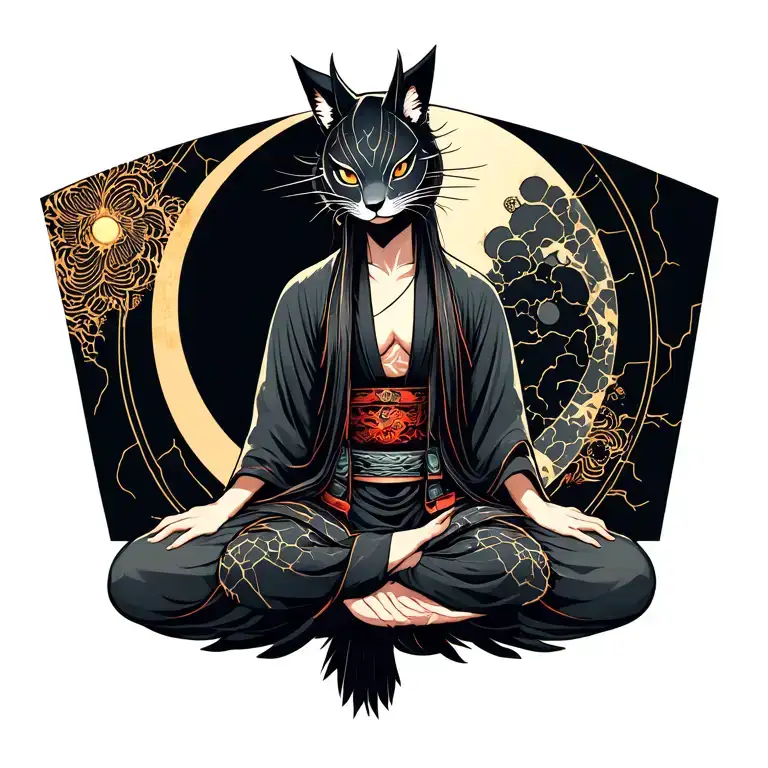 kyubi seated with an intense gaze and kitsune mask with Kintsugi type cracks, enso circle and an eclipse tattoo design idea