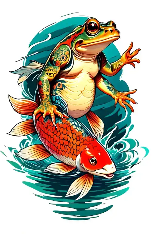 frog with yakuza tattoos riding on a koi fish tattoo design idea