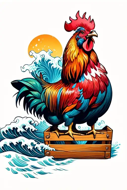 Pig and rooster with waves and wooden crate tattoo design idea