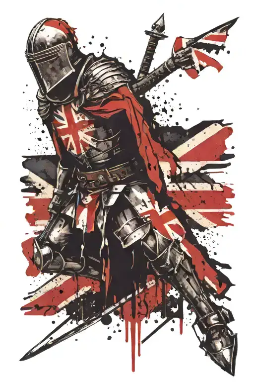 Crusader knight British flag waving tattoo design idea