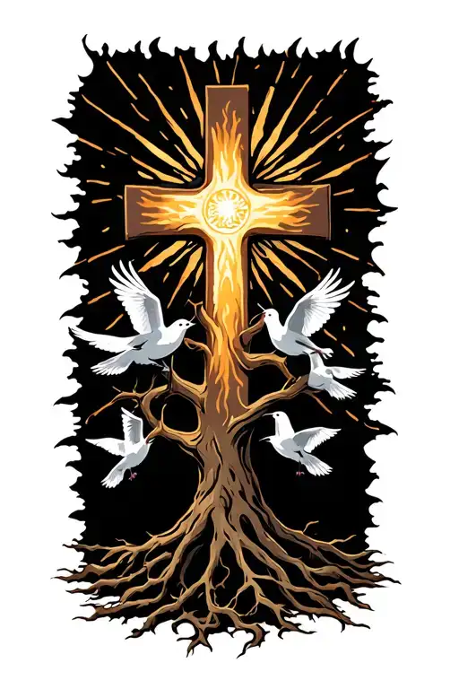 poison tree with a cross intertwined with sun rays and doves tattoo design idea