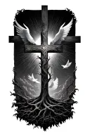 poison tree with a cross intertwined with sun rays and doves tattoo design idea