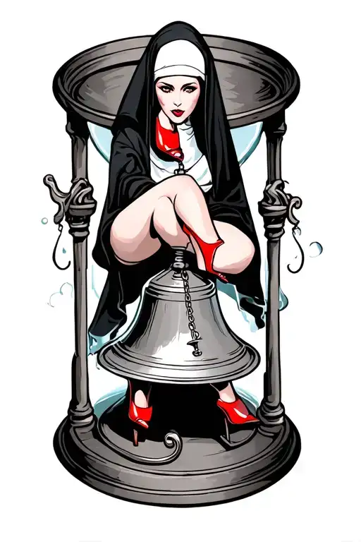 "For Whom the Bell Tolls" sexy evil nun   sitii on hourglass with one foot in red heels resting on a church bell tattoo design idea