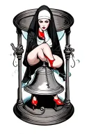 "For Whom the Bell Tolls" sexy evil nun   sitii on hourglass with one foot in red heels resting on a church bell tattoo design idea