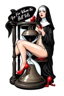 "For Whom the Bell Tolls" sexy evil nun   sitii on hourglass with one foot in red heels resting on a church bell tattoo design idea