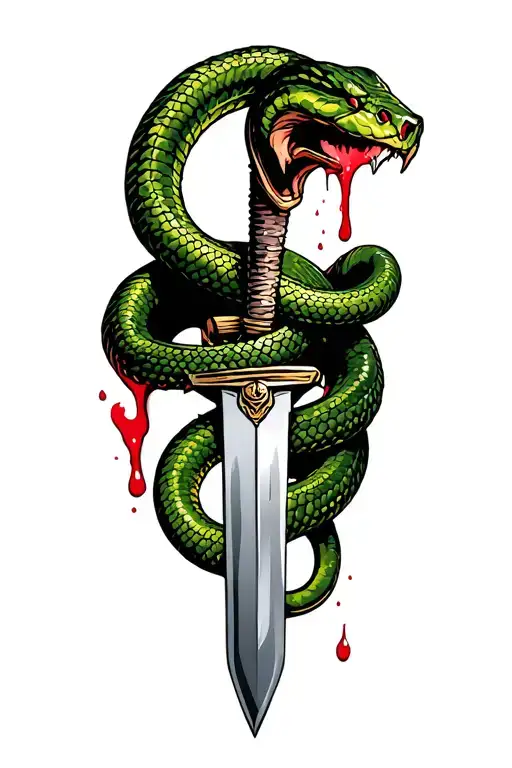 snake wrapped around dagger being stabbed with blood tattoo design idea