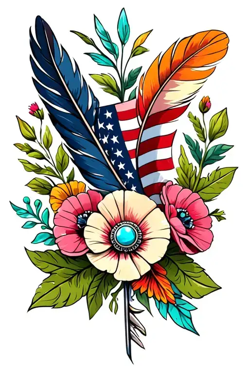 colorful feathers on top and bottom, american flag, poppy flowers, green leaves, western turquoise brooch,   with arrow  tattoo design idea