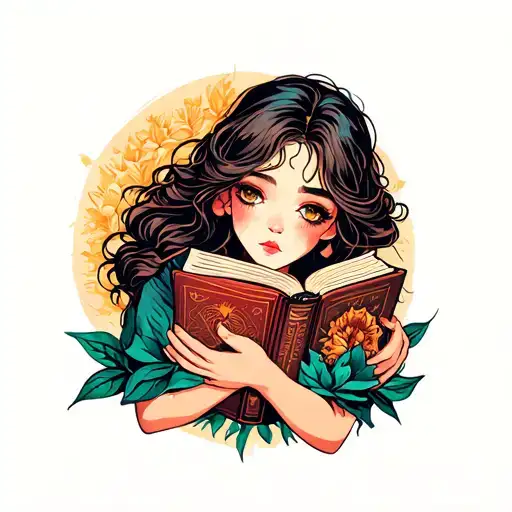 girl hugging a closed book tattoo design idea