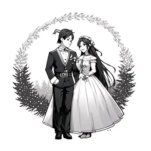 Japanese anime husband and wife dressed as Mr and Mrs Santa clause tattoo design idea