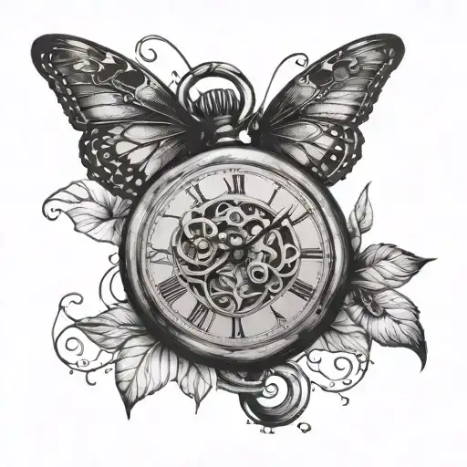 pocket watch and butterflies on the hand tattoo design idea