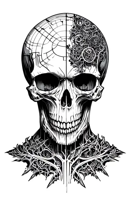 cybersigilism with a kind of negative space skull with no bottom jaw but the cybercigulism kinda teickes down instead wi tattoo design idea