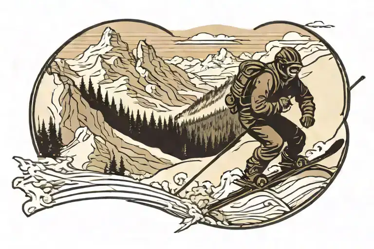 skier carving down a mountain landscape tattoo design idea
