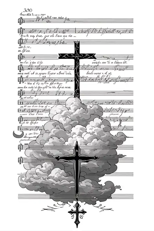 lyrics to a song that has 30 words and a cross incorporated at th bottom with clouds filling in the rest of the area tattoo design idea
