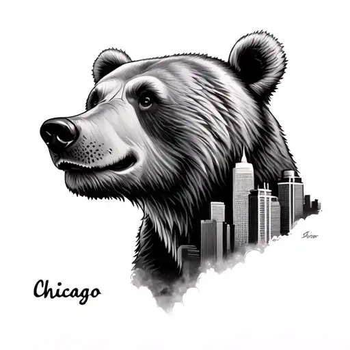 realism bear with Chicago skyline tattoo design idea