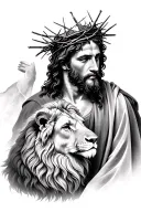 Jesus with crown of thorns on head surrounded by the lion and the lamb   tattoo design idea