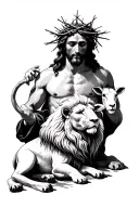 Jesus with crown of thorns on head surrounded by the lion and the lamb   tattoo design idea