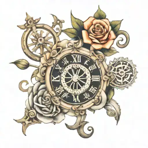 Hindu Aum, Hindu trishul trident, clocks, roses intertwined tattoo design idea