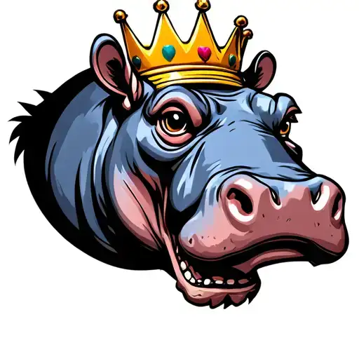a hippo's head wearing a tilted crown tattoo design idea