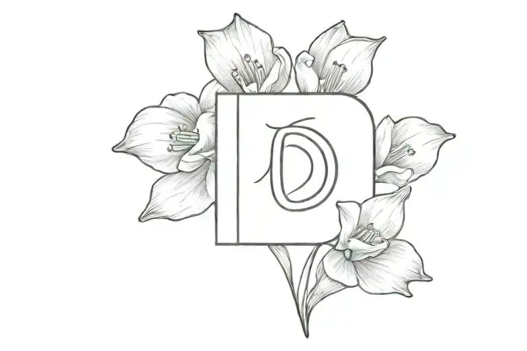 Letter D with a heart and a Paperwhite narcissus flower tattoo design idea