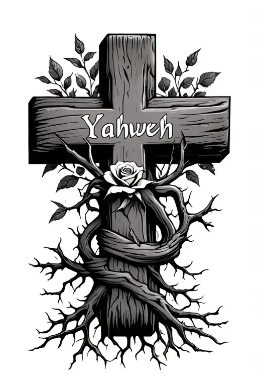 wooden cross with roots. the word Yahweh in the roots a rose wrapped around cross with thorns tattoo design idea