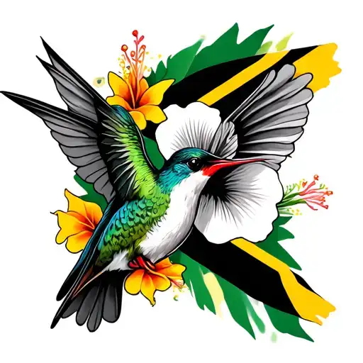 Create a tattoo design black tattoo with no colour add the hummingbird first then the Jamaican flag, hibiscus flower tattoo design idea