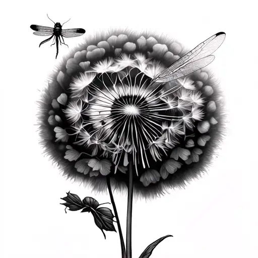 dragonfly and dandelion puff tattoo design idea
