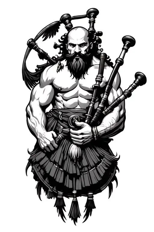 muscular bagpiper bald black beard black wings on his back tattoo design idea