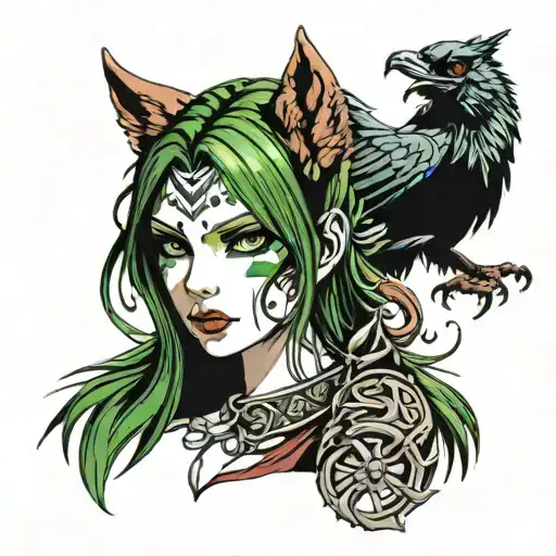red wolf female green eyes and a raven man walking tattoo design idea