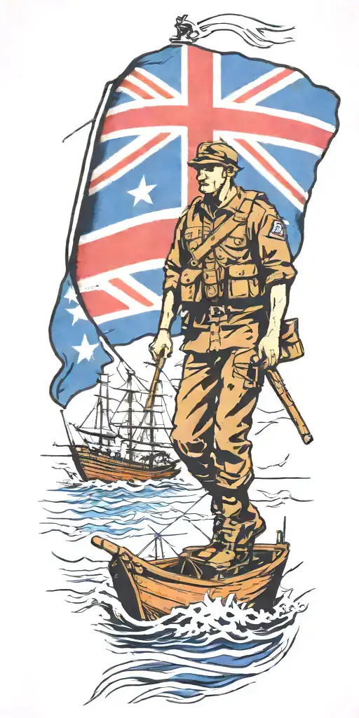 war soldier with Australian flag and boats and planes tattoo design idea