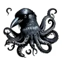 crow octopus with Victims aren’t we all in gothic lettering circling it  tattoo design idea