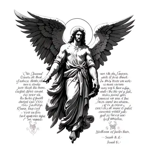 Saint Michael drawing outline and small shading mostly. with Isaiah 6:8 quote wrapped into/ around it  tattoo design idea