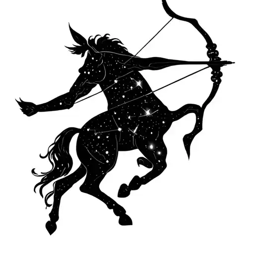 delicate, finely detailed archer centaur silhouette poised with a drawn bow, aiming upward toward a constellation of Sag tattoo design idea