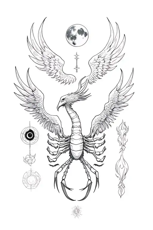 Phoenix, Scorpio sign, and phases of the moon tattoo design idea