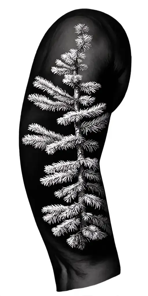 pine tree branch black and white tattoo design idea