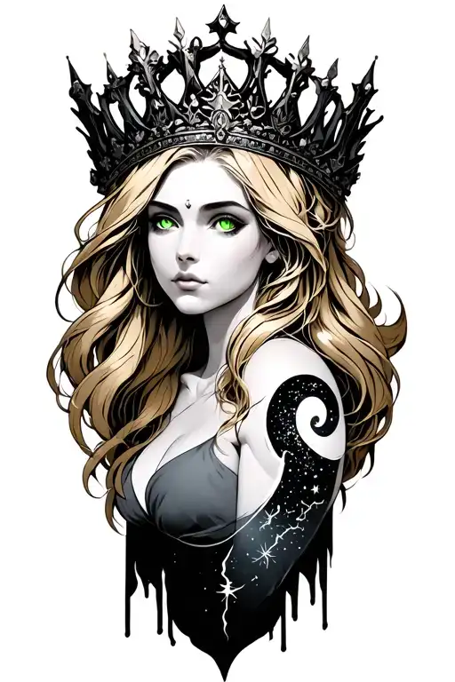 goddess of night with a crown made of stars. shes blonde with green eyes. theres a crescent moon behind her tattoo design idea