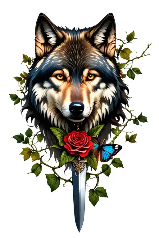 A feminine but strong wolf with an ancient looking dagger through the wolf,thorny rose vine, butterfly tattoo design idea
