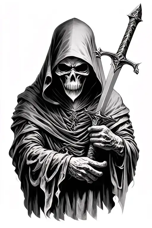 Hooded grim reaper so you can only see some parts of the skll and its mainly darkness. Inspecting a dagger tattoo design idea