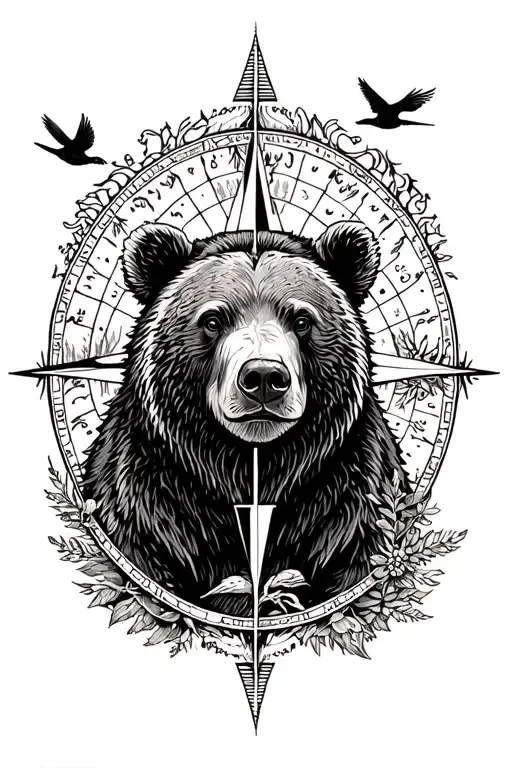Bear, forest, compass, birds tattoo design idea