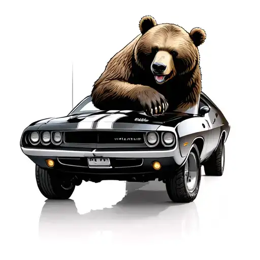 bear leaning on 1970 dodge challenger tattoo design idea