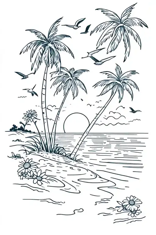 Beach scene featuring palm trees on forearm, minimalist birds flying, sun setting, daisies tattoo design idea