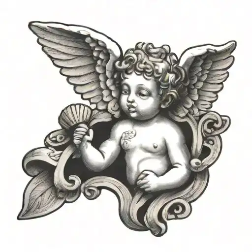 Word Faith with a Cherub holding on a hand tattoo design idea
