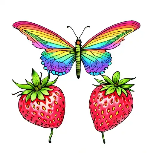 rainbow, butterfly, strawberry tattoo design idea