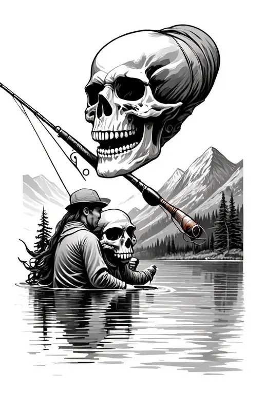 2 fisherman skull on a lake, on is a man other a women, surrounded by mountains tattoo design idea