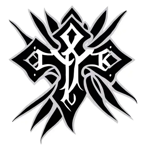 Design a bold tribal-style cross tattoo. The cross should have sharp, flowing lines and initials of D, A, B, J, K legibl tattoo design idea