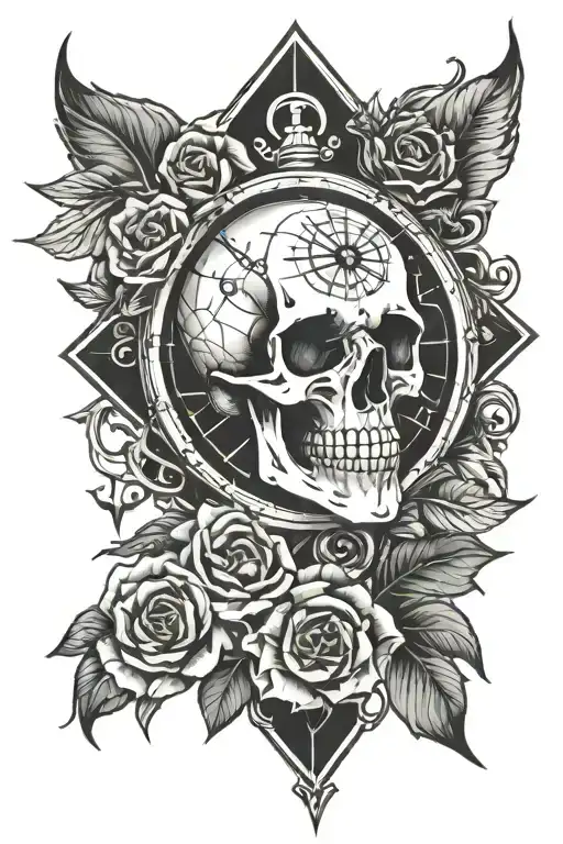 skull compass clock rose intertwined tattoo design idea