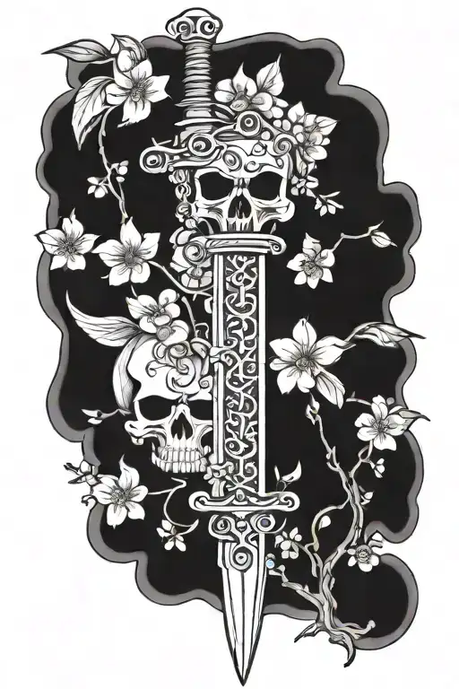 sword with cherry blossoms and 3 skulls surrounded tattoo design idea